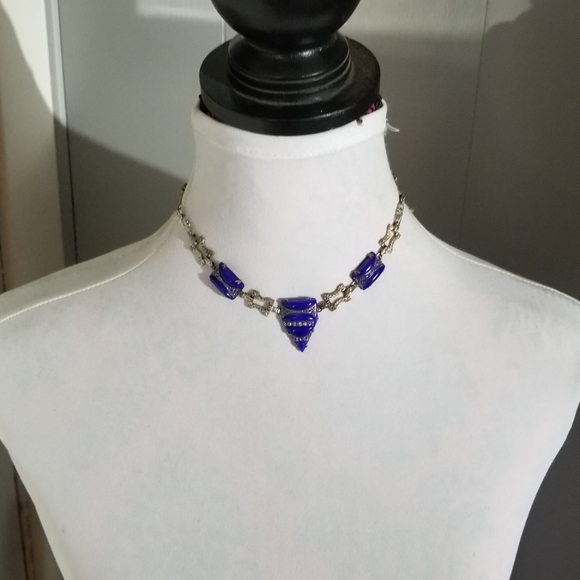 Relisted-Vintage Art Deco necklace blue glass silver tone choker - Picture 6 of 17